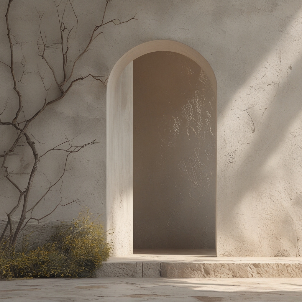 Człowiek w spokojnej, zrównoważonej pozycji przy dużym oknie, wykonujący powolny ruch rozciągający ramię, miękkie naturalne światło, drewniana podłoga, minimalistyczne wnętrze