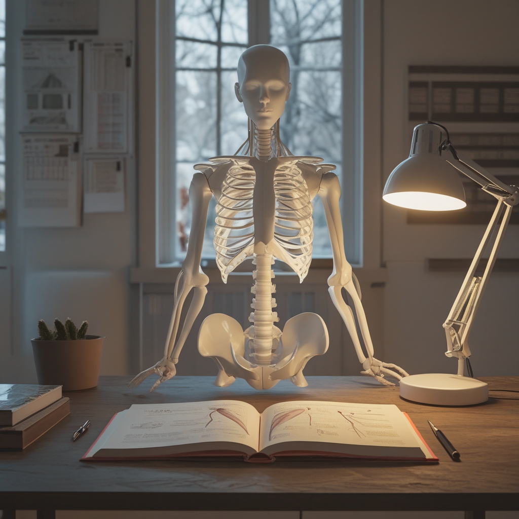 Otwarta anatomiczna książka na drewnianym stole z notatkami, ołówkiem i szkicami schematów ciała ludzkiego, ciepłe świetlo lampy, spokojne biurko studyjne