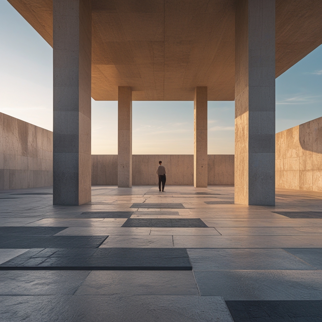 Widok z góry na osobę w pozycji siadu skulnego na jasnej drewnianej podłodze w przestronnym, spokojnym pomieszczeniu z naturalnym światłem bocznym