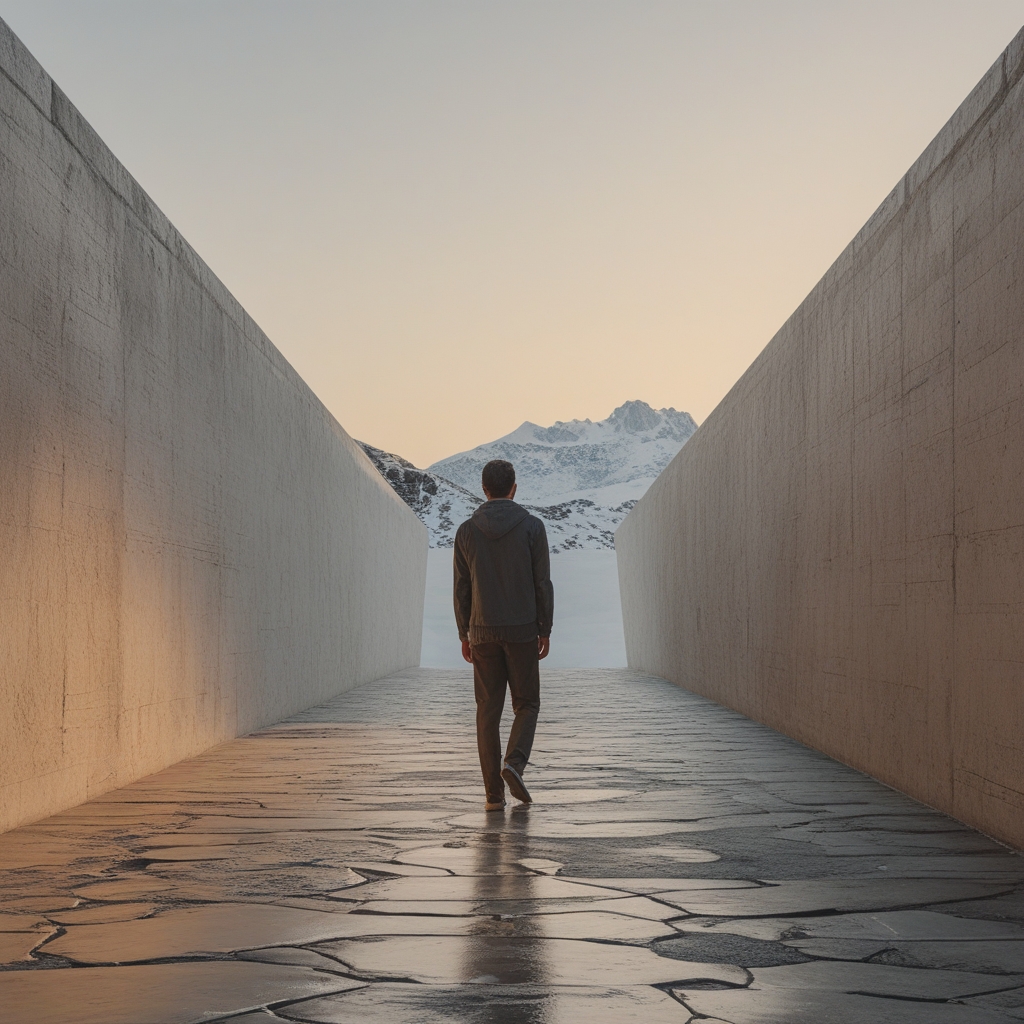 Sylwetka osoby w pozie wypadu w bok na tle dużego okna z rozproszonym, miękkim światłem wschodzącego słońca, cień odbijający się na jasnoszarej podłodze